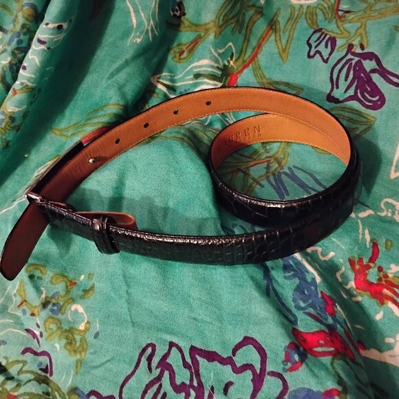 ❤️Ladies LAUREN RALPH LAUREN Black Croc Italian Leather Belt Sz Small main image 4